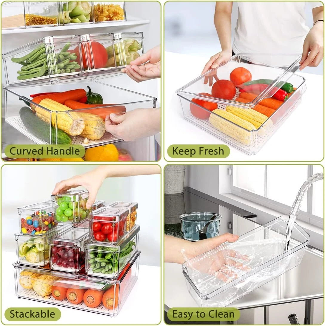 10 Pack Refrigerator Pantry Organizer Bins, Stackable Fridge Organizer Bins Lids 07FC0E-D4 - KOEEK