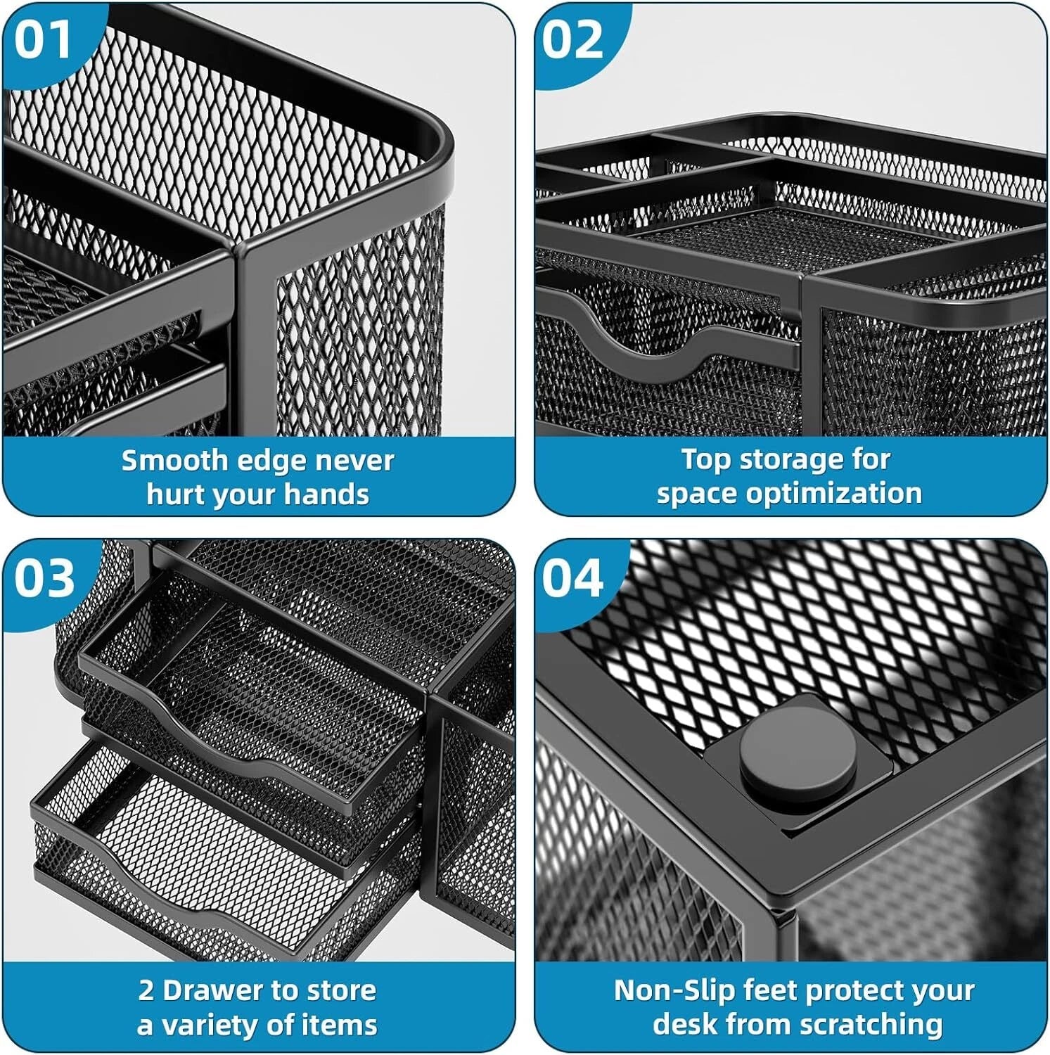 Mesh Desk Organizer, Pen Organizer with 2 Drawer, Multi-Functional Pencil Holder 07FC0E-D4 - KOEEK