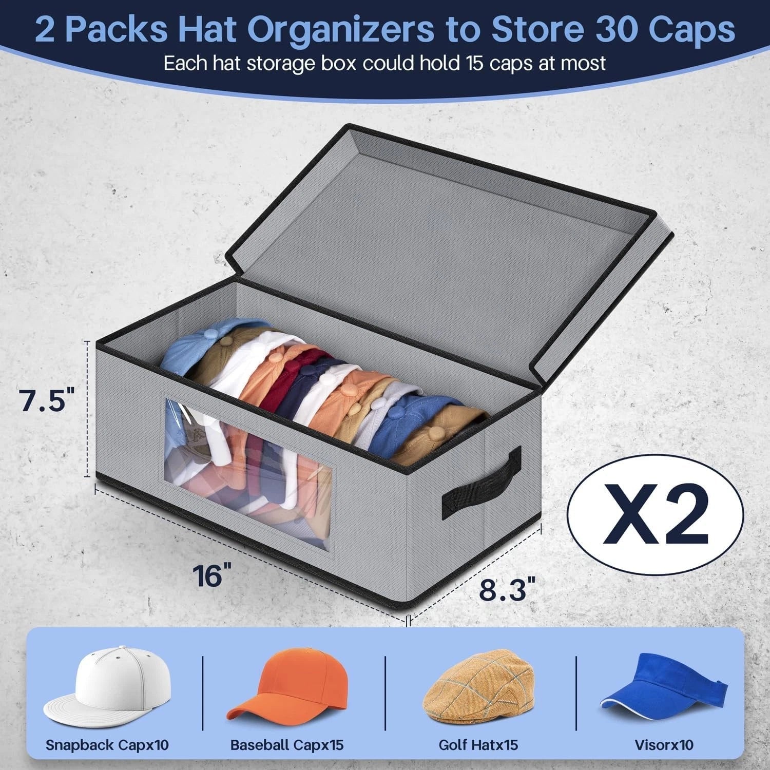 Stackable baseball cap storage box,2 wardrobe hat storage boxes,can hold 30 hats 07FC0E-D4 - KOEEK