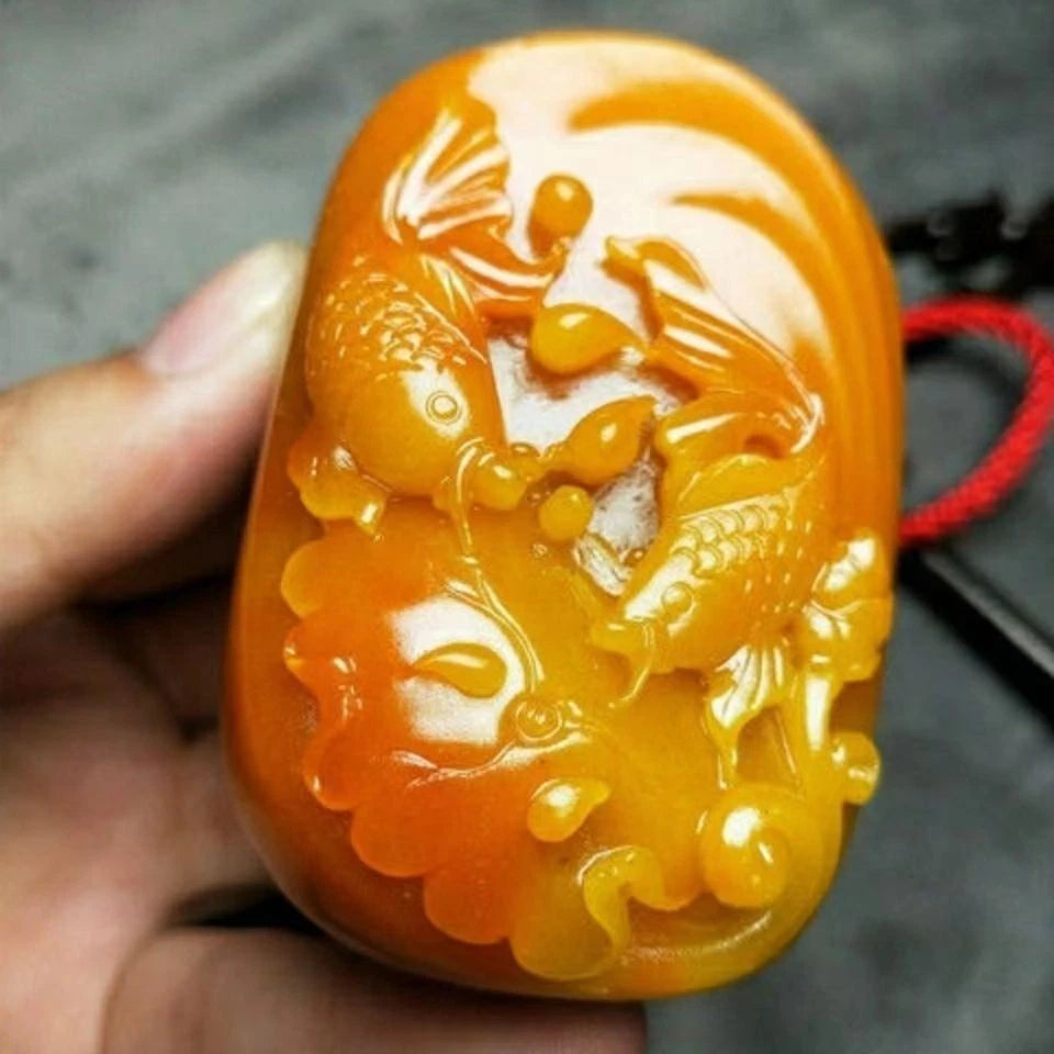 Chinese antique Huanglong jade carved goldfish swimming pendant 07FC0E-D4 - KOEEK