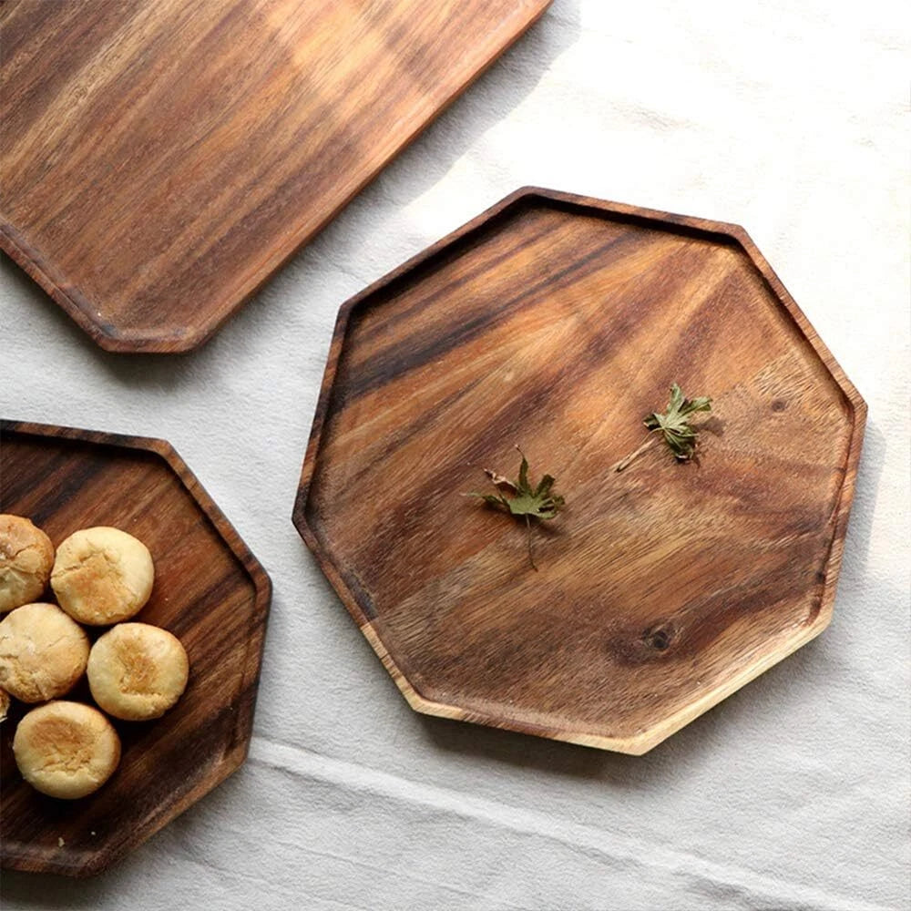 Set of 2 Acacia Wooden Trays Serving Platters Round Square Veggie Serving Tray 07FC0E-D4 - KOEEK