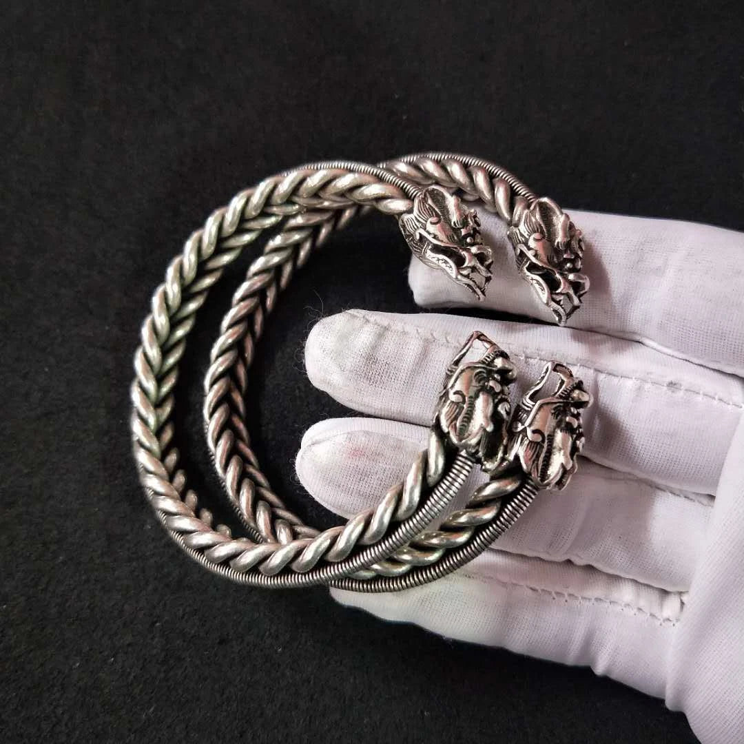 Collectable Old Chinese Tibet Silver handCarved Dragon head Bracelet 07FC0E-D4 - KOEEK