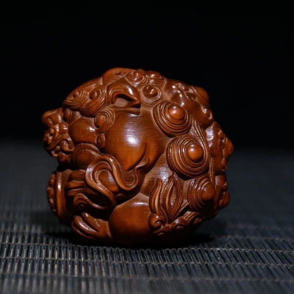 Boxwood Wood Carved Pixiu Holding Ball 6cm Handheld Worry Piece Car Pendant 07FC0E-D4 - KOEEK