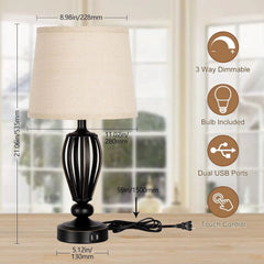 USB Bedside Lamp, 3-Way Dimmable Touch Table Lamp, Black Metal Base 07FC0E-D4 - KOEEK