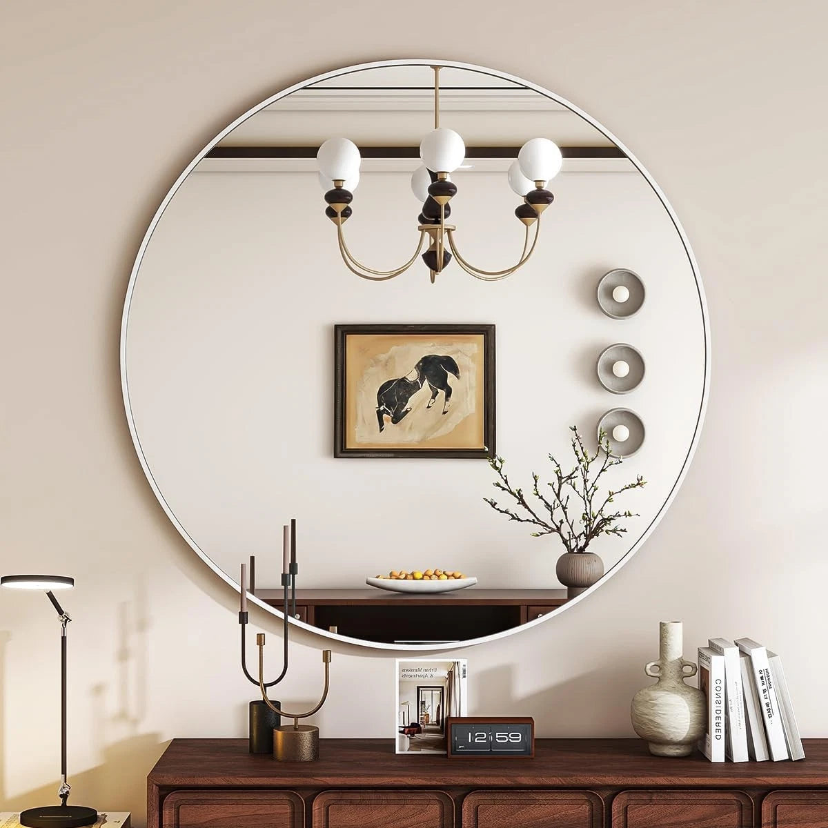 White Round Mirror, 30 Inch Bathroom Mirror with Metal Frame 07FC0E-D4 - KOEEK