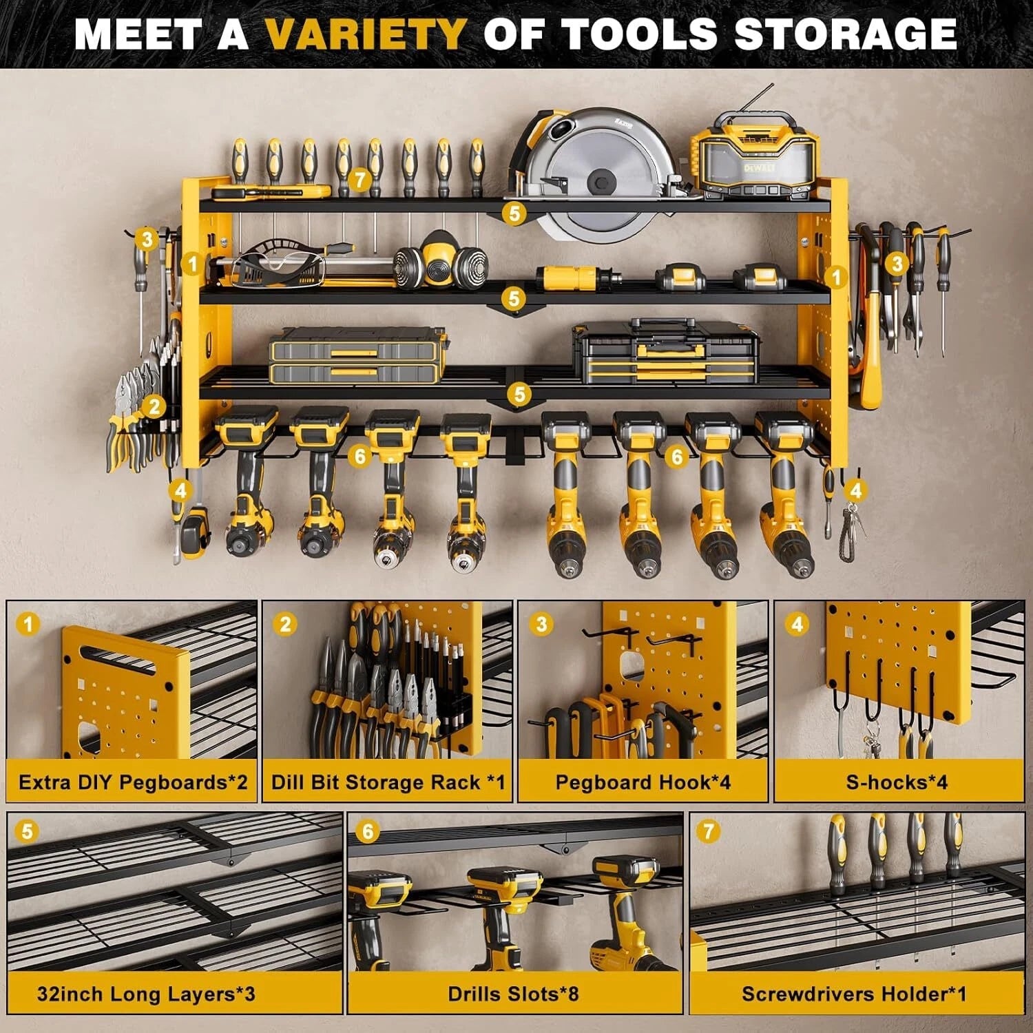 Wall Mounted Power Tool Organizer, 4 Tier Large Capacity Tool Rack 07FC0E-D4 - KOEEK