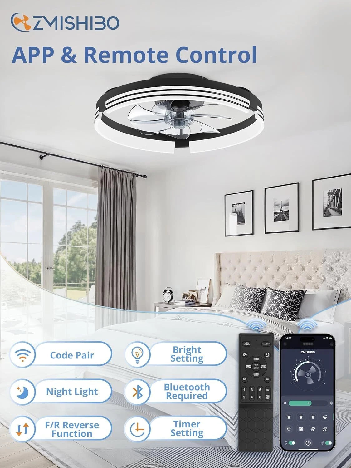 Low Profile Ceiling Fans with Lights and Remote, 20 Inch Flush Mount Ceiling Fan 07FC0E-D4 - KOEEK