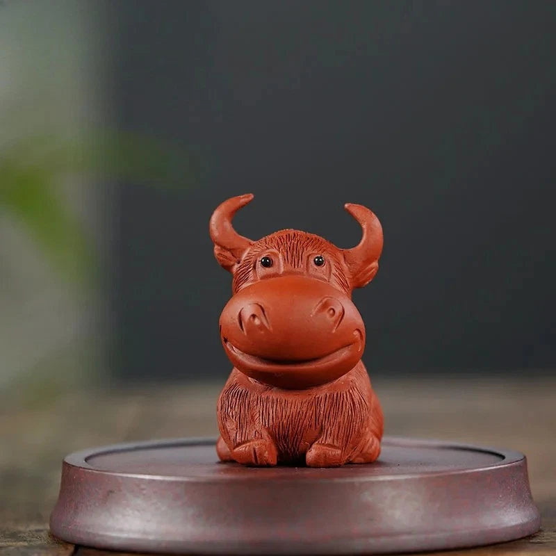 6.8cm Exquisitely Yixing Purple Clay Hand-carved Cow Tea Pet Tea Statue Ornament 07FC0E-D4 - KOEEK