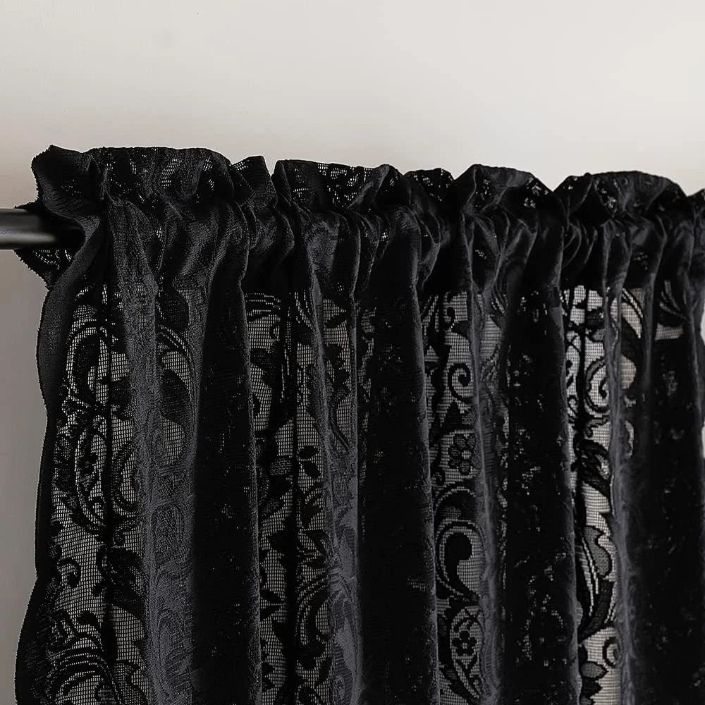 Black lace curtains, 24 inches long,2 pieces, dimensions:52 inches × 24 inches. 07FC0E-D4 - KOEEK