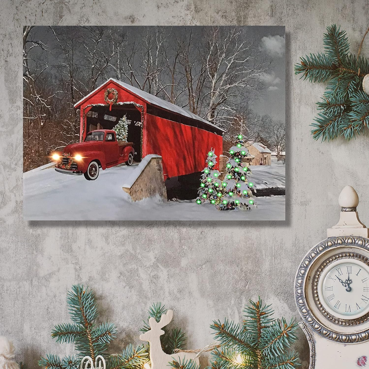 LED Wall Art - Lighted Red Truck Covered Bridge Canvas Print - Christmas Picture 07FC0E-D4 - KOEEK