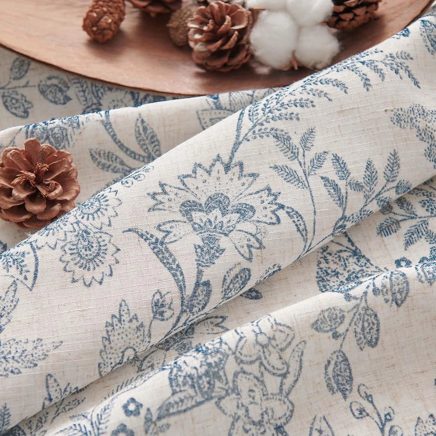 Blue floral lining curtains, rustic linen material, length 84 inches 07FC0E-D4 - KOEEK