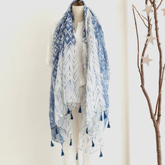 Womens White Blue Geometric Floral Yarn Scarf Tassel Shawl Spring Pashmina Cape 07FC0E-D4 - KOEEK