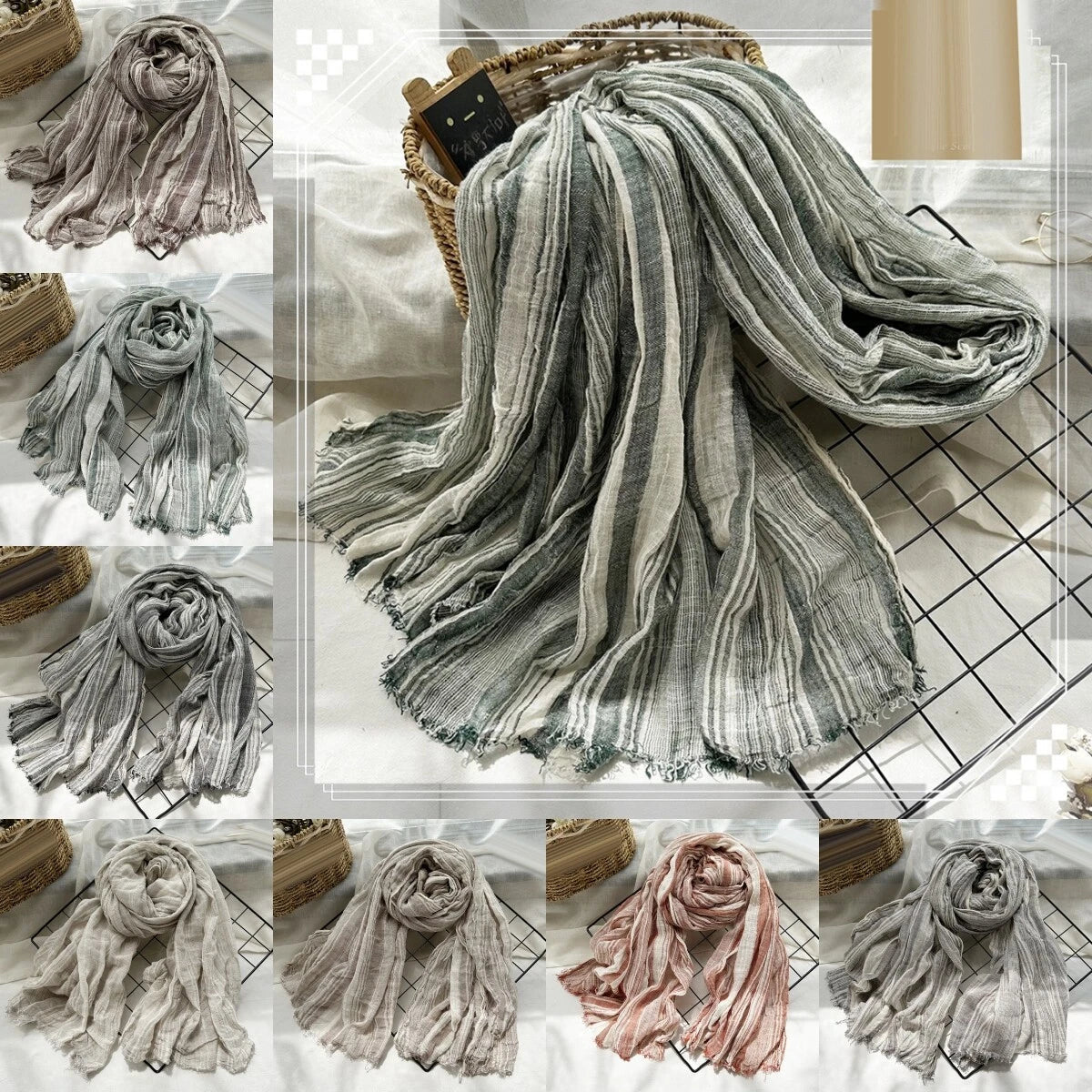 Cotton Scarf Men's Striped Shawls Head Scarf Wrinkled Muslim Scarves Unisex Soft 07FC0E-D4 - KOEEK