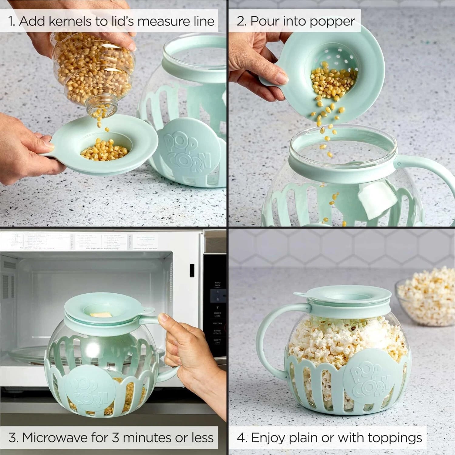 Microwave Popcorn Maker with Glass, 3-in-1 Lid, Melted Butter,3-Quart,Aqua Green 07FC0E-D4 - KOEEK