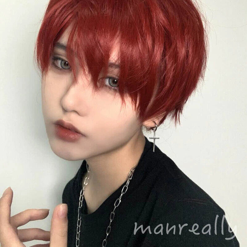 Daily Fluffy Men Short Hair Cosplay Kawaii Boys Full Wig Red Hairpiece Gift 07FC0E-D4 - KOEEK