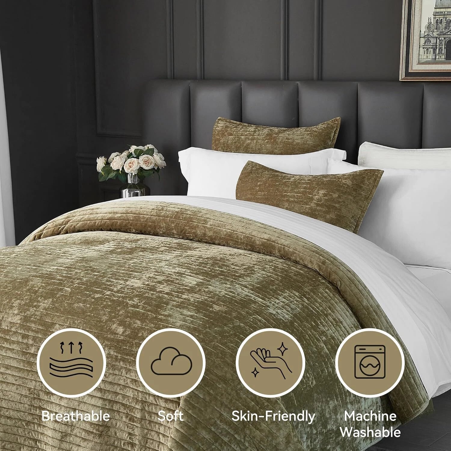 Velvet Quilt Queen Size Luxurious Velvet Coverlet Olive Green Bedding Striped 07FC0E-D4 - KOEEK