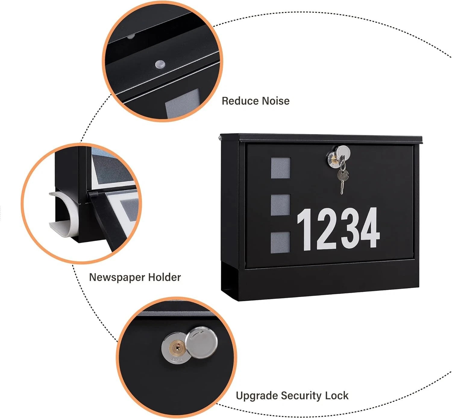 Locking Wall Mount Mailbox withThree Mailbox Number StickersLarge Capacity,Black 07FC0E-D4 - KOEEK