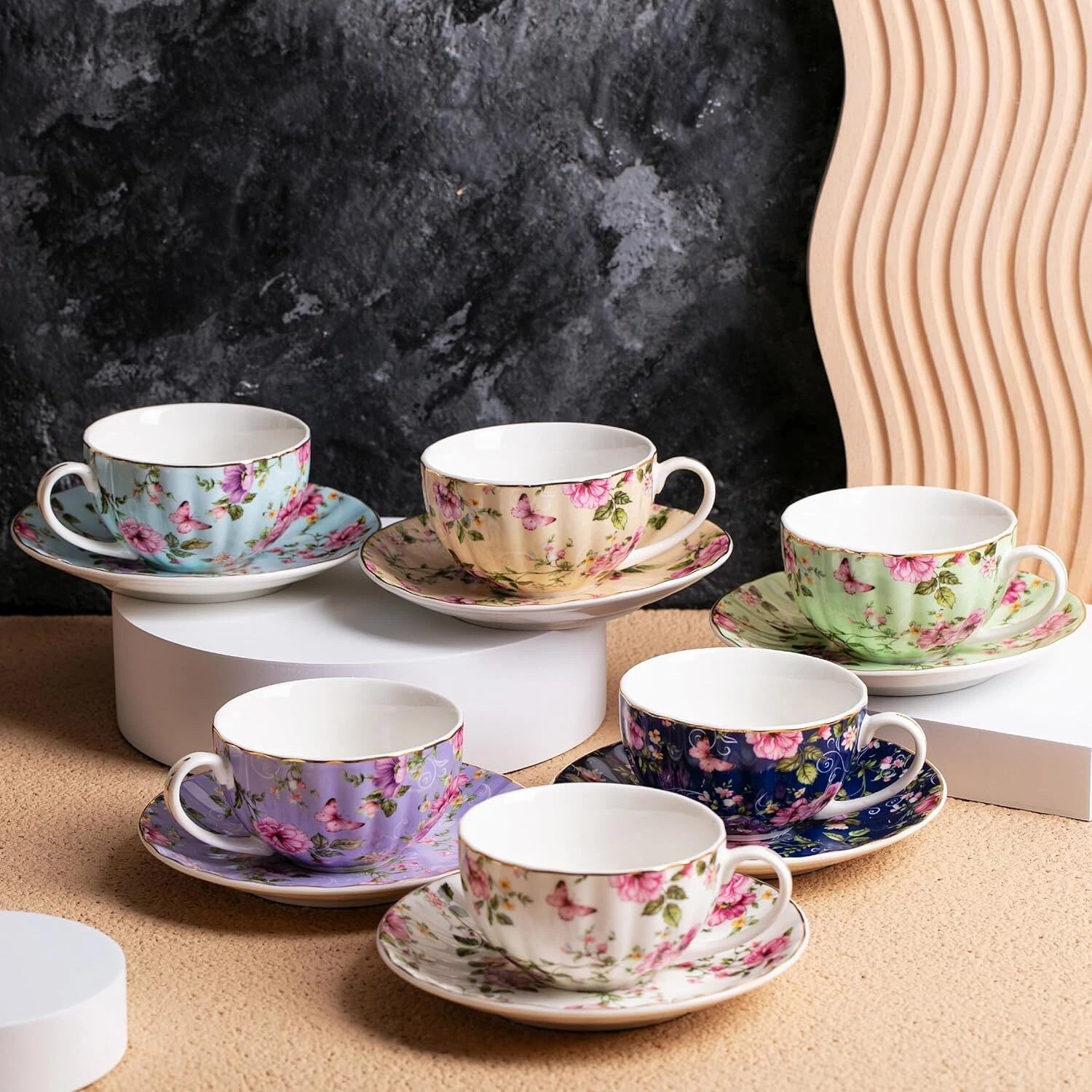 Teacup and Tea Rest, 7 oz, Teacup Set of 6, Teacup and Tea Rest Set 07FC0E-D4 - KOEEK