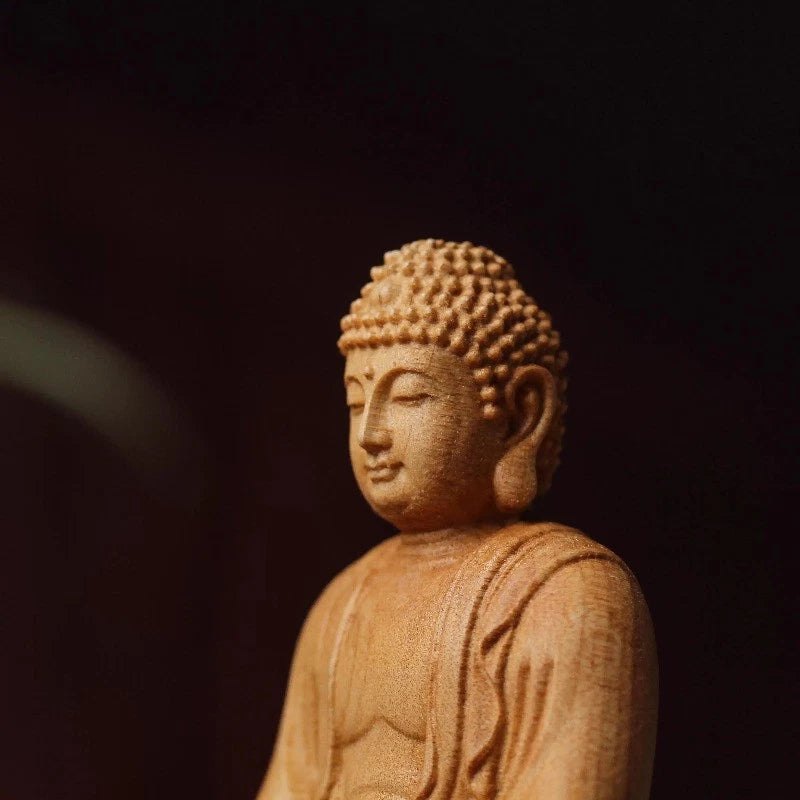 8cm Tathagata Buddha Statue Cliff Cypress Wood Handmade Carve Handicraft 07FC0E-D4 - KOEEK