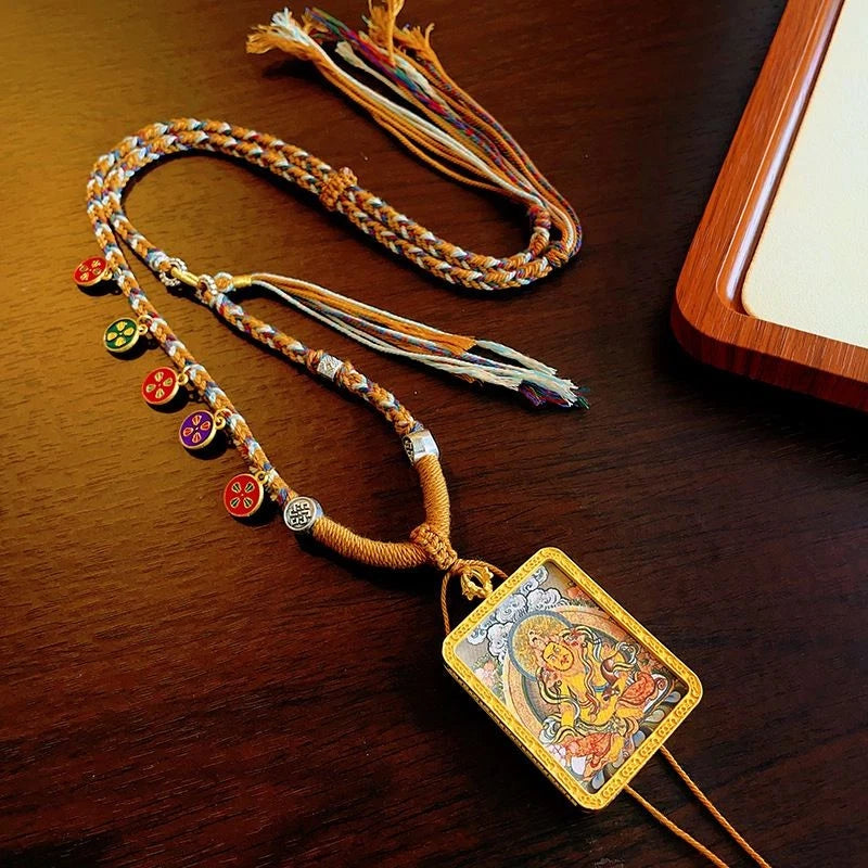 Tibetan Thangka Pendant Necklace Handmade Woven Rope Yellow Jambhala Amulet 07FC0E-D4 - KOEEK