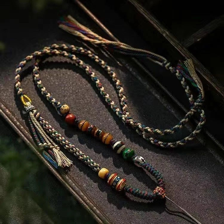 Tibetan Handmade Thangka Necklace Cord Six Word Mantra Amulet Rope Pendant 07FC0E-D4 - KOEEK