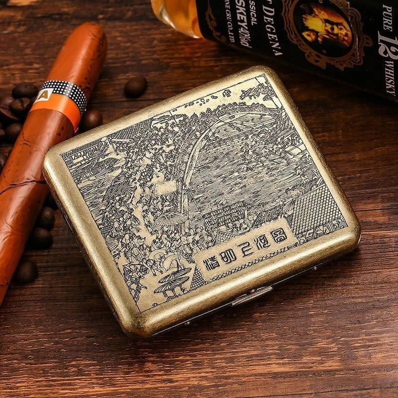 Brass Metal Cigarette Case 20 Holder Vintage Design Slim Portable Moisture Proof 07FC0E-D4 - KOEEK