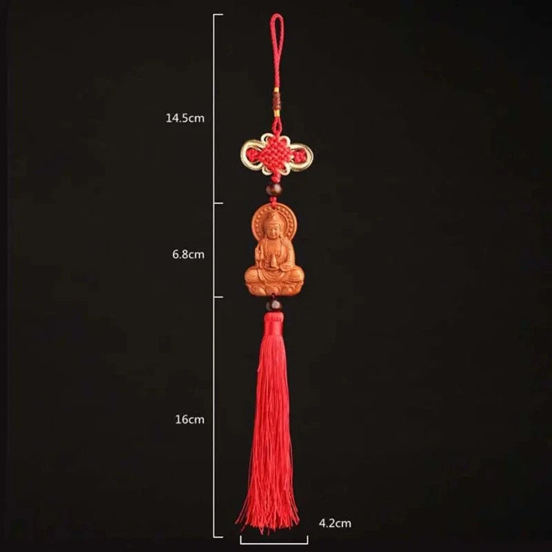 Peach Wood Handcarved Buddha Statue Tassel Amulet Pendant Guanyin Keychain 07FC0E-D4 - KOEEK