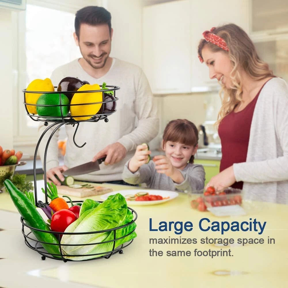 Iron 2-Tier Countertop Fruit Vegetables Basket Bowl Storage With Banana Hanger 07FC0E-D4 - KOEEK
