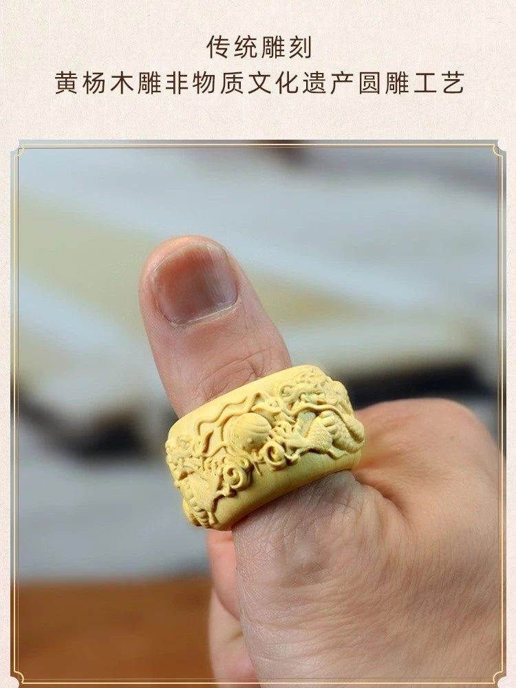 22MM Boxwood Dragon Ring Chinese Style Zodiac Wooden Finger Ring 07FC0E-D4 - KOEEK