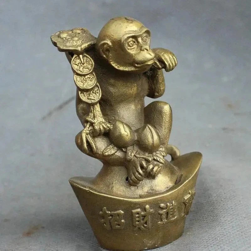 8.5cm Brass Wealth YuanBao Monkey Hold RuYi Statue Buddhism FengShui Decoration 07FC0E-D4 - KOEEK