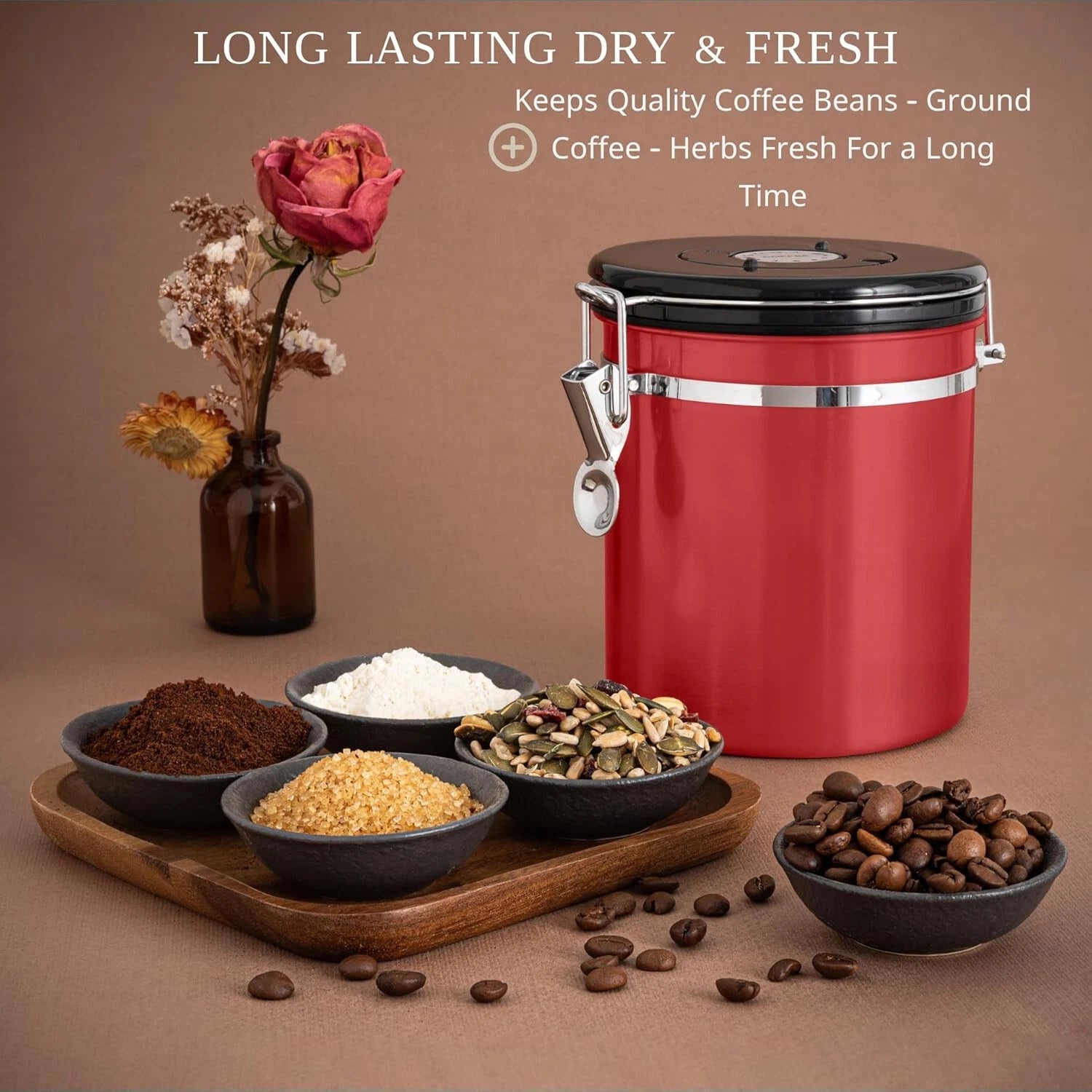 16 Oz Coffee Canister Red, Stainless Steel Airtight Coffee Container, Ground 07FC0E-D4 - KOEEK