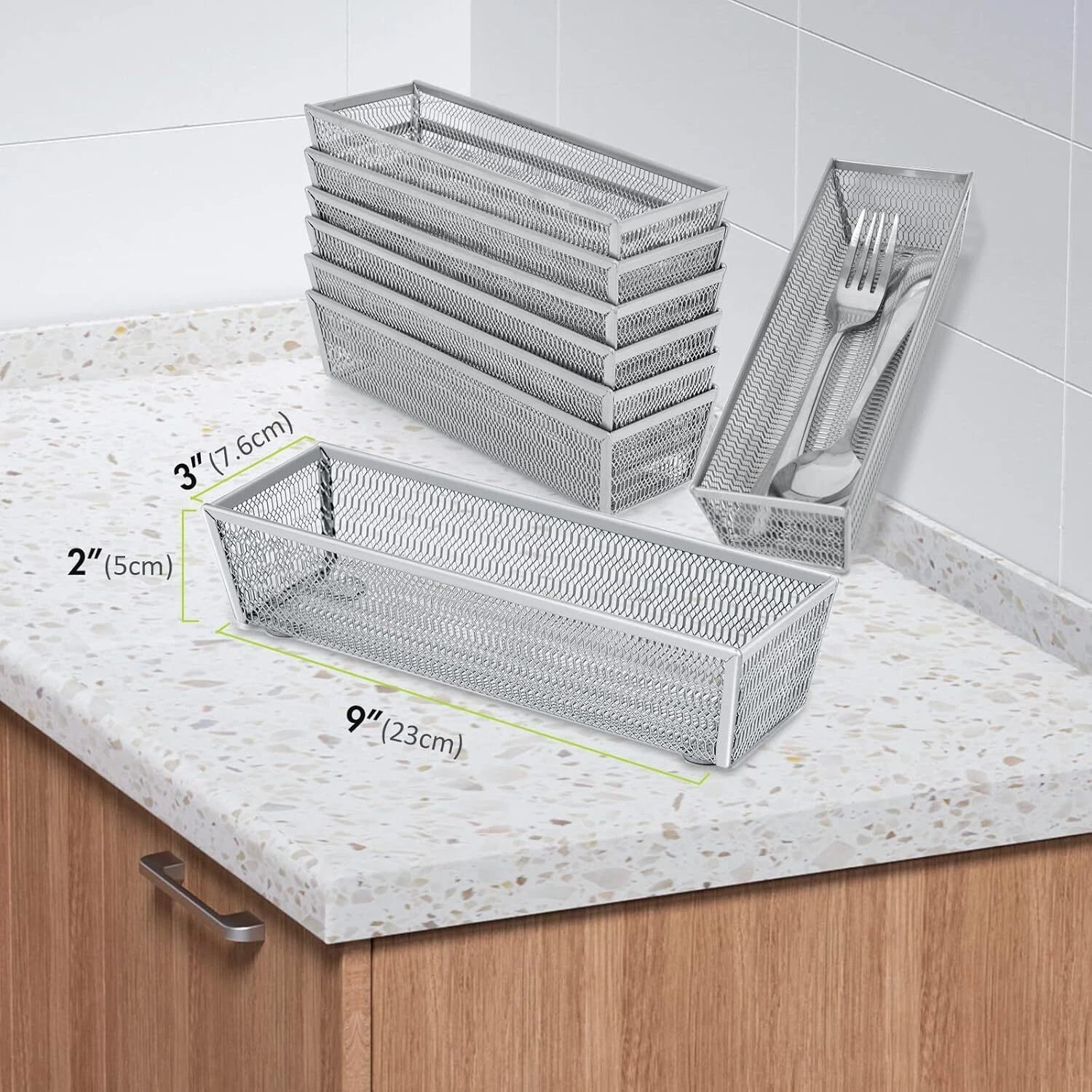 Metal Silverware Organizer, Mesh Drawer Organizer (Silver 9 * 3 * 2 inch 6-Pack) 07FC0E-D4 - KOEEK