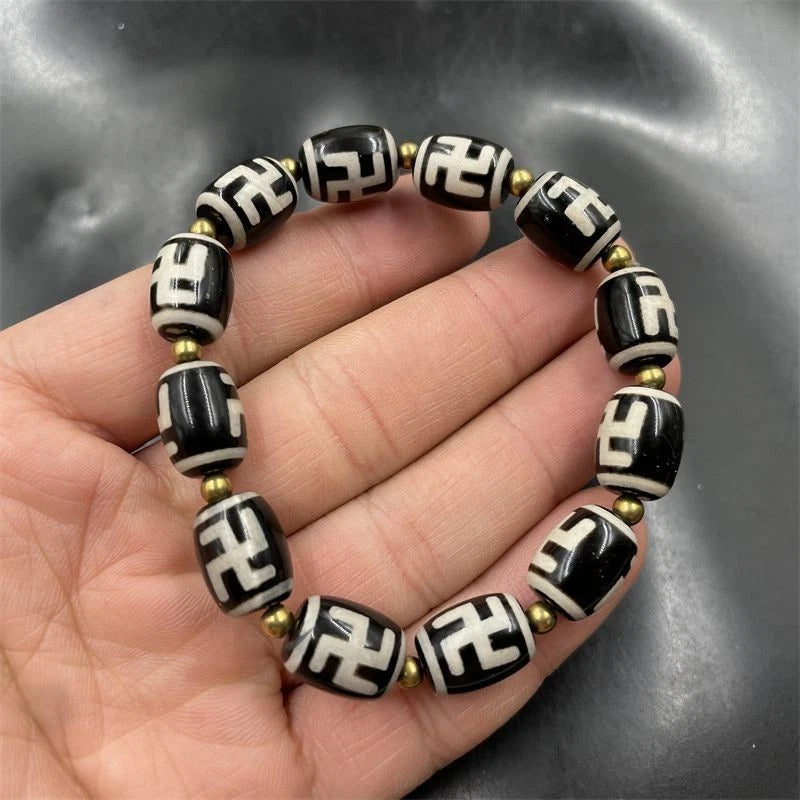 Tibetan Agate Dzi Beads Bracelet Swastik Swastika Buddhism Prayer Chain Amulet 07FC0E-D4 - KOEEK