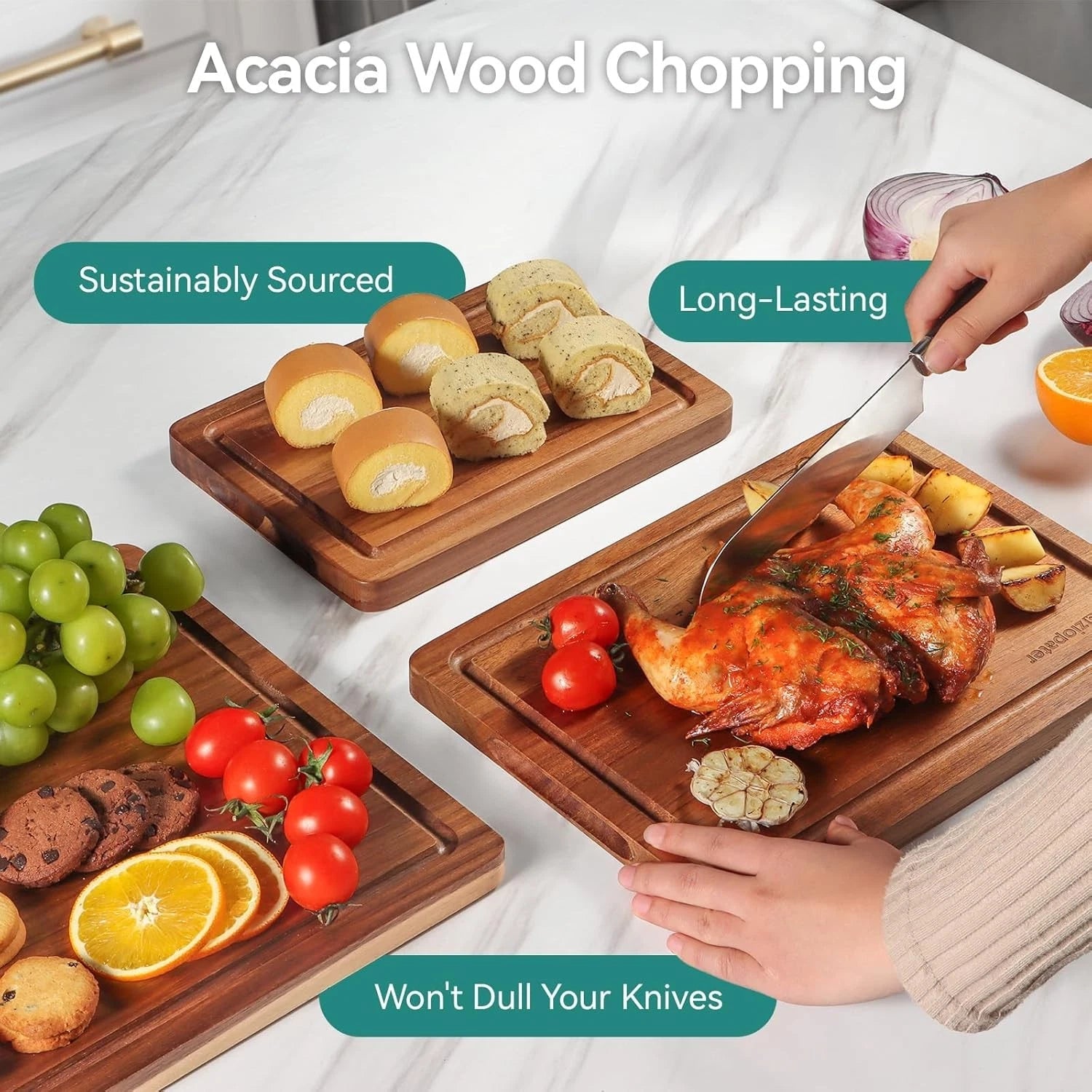 Acacia Wood Cutting Board，Solid Wood Cutting Board Set of 3 with Holder 07FC0E-D4 - KOEEK