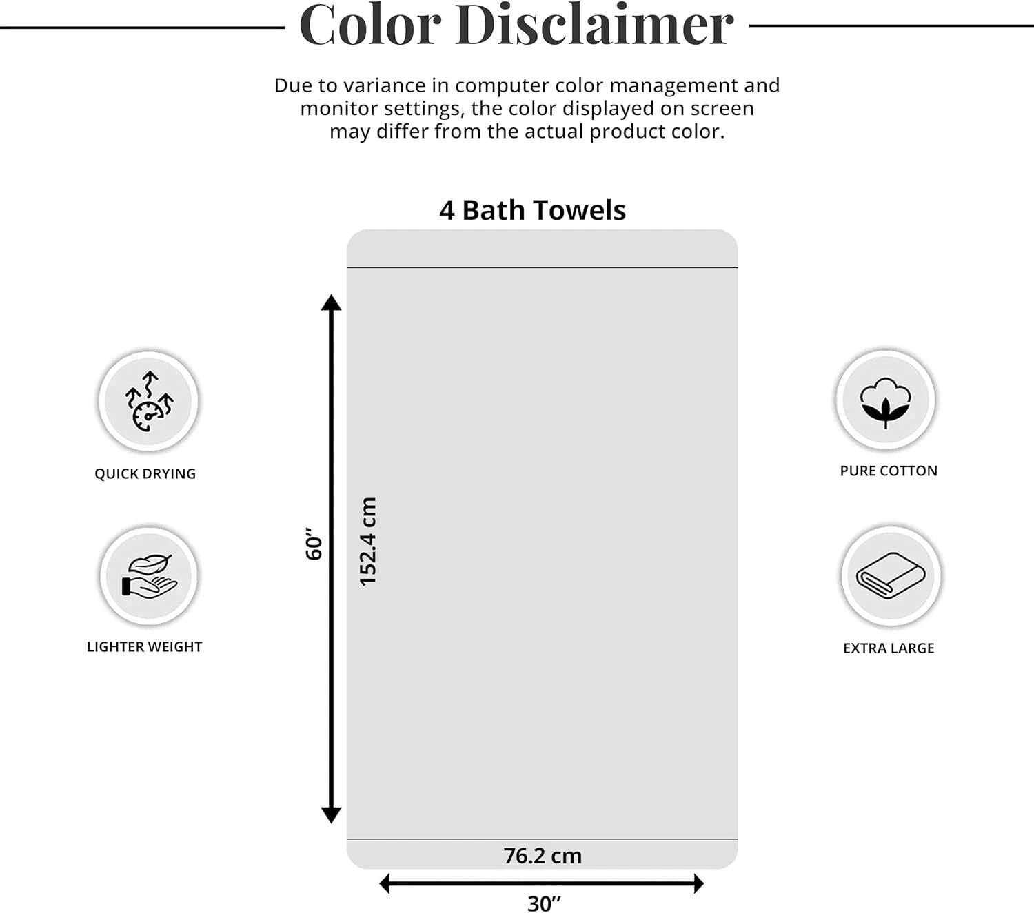 Pack of 4 Extra Large Bath Towels 30 x 60 Inches,  Cotton, Larger & Lighter 07FC0E-D4 - KOEEK