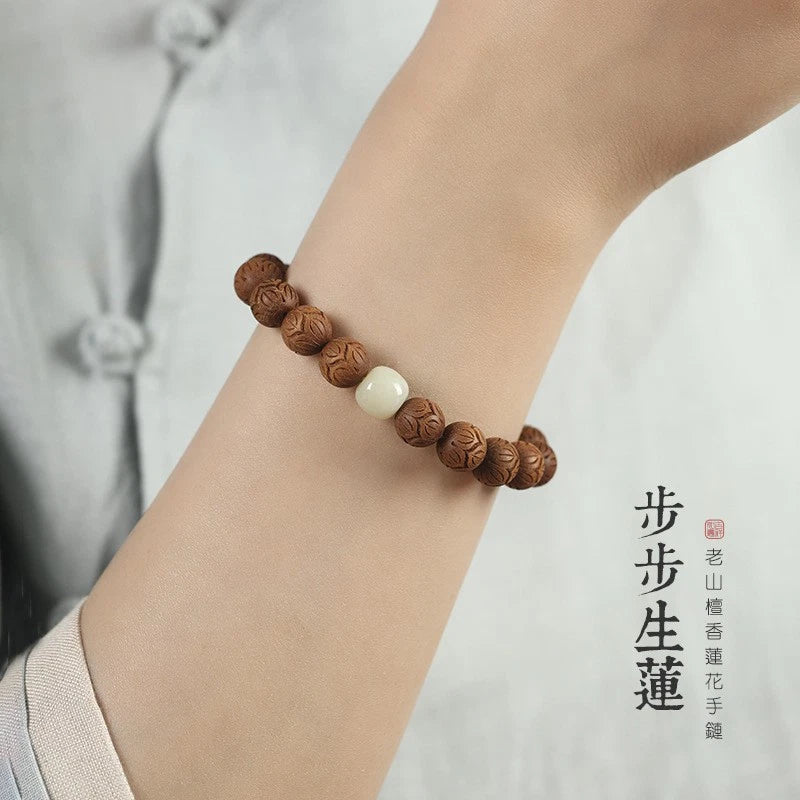 10mm  Lotus Wooden Bracelet Single Strand Artistic Men Women Accessory 07FC0E-D4 - KOEEK
