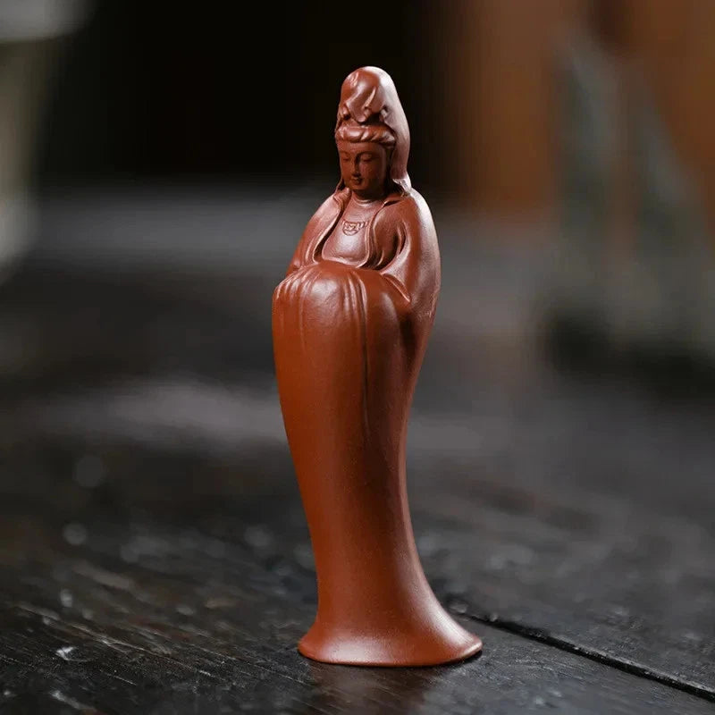 10cm Chinese Yixing Purple Clay Handmade Guanyin Buddha Statue Tea Pet Ornament 07FC0E-D4 - KOEEK