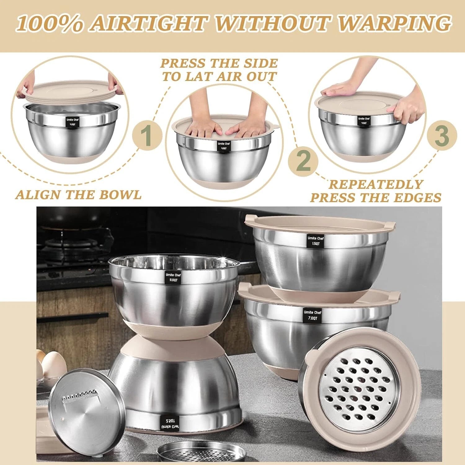 Mixing Bowl Set with Sealed Lid, 26 Piece Stainless Steel Khaki Bowl Set. 07FC0E-D4 - KOEEK