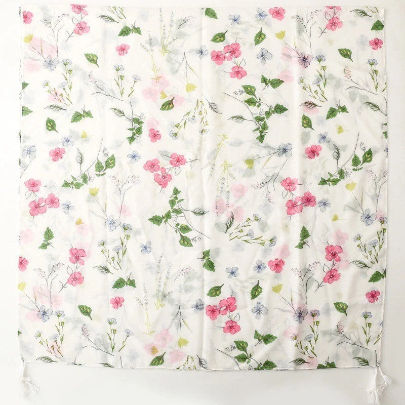 Women White Garden Floral Stole Scarf Summer Spring Soft Breathable Thin Shawl 07FC0E-D4 - KOEEK