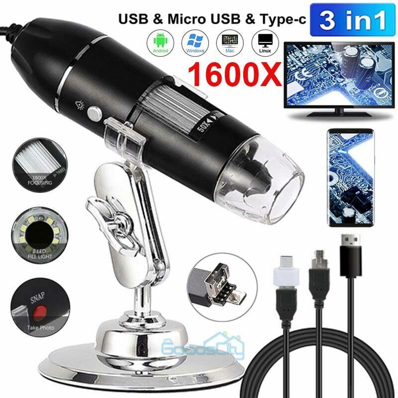 nytt 1600X Zoom 8LED HD 1080P USB Mikroskop Digital Lupe Endoskop videokamera