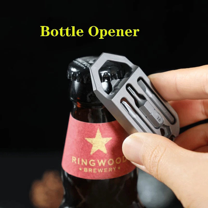 EDC Titanium Multi Tools Bottle Opener Crowbar Pocket with Bit Holder Keychain 07FC0E-D4 - KOEEK