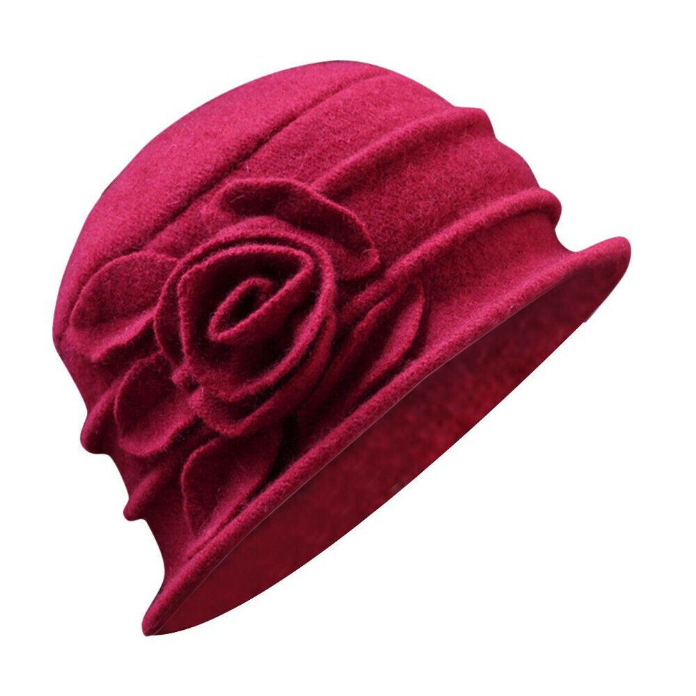 ny Dame Elegant Ull Blomster Hat Vinter Vintage Cloche Bøtte Cap