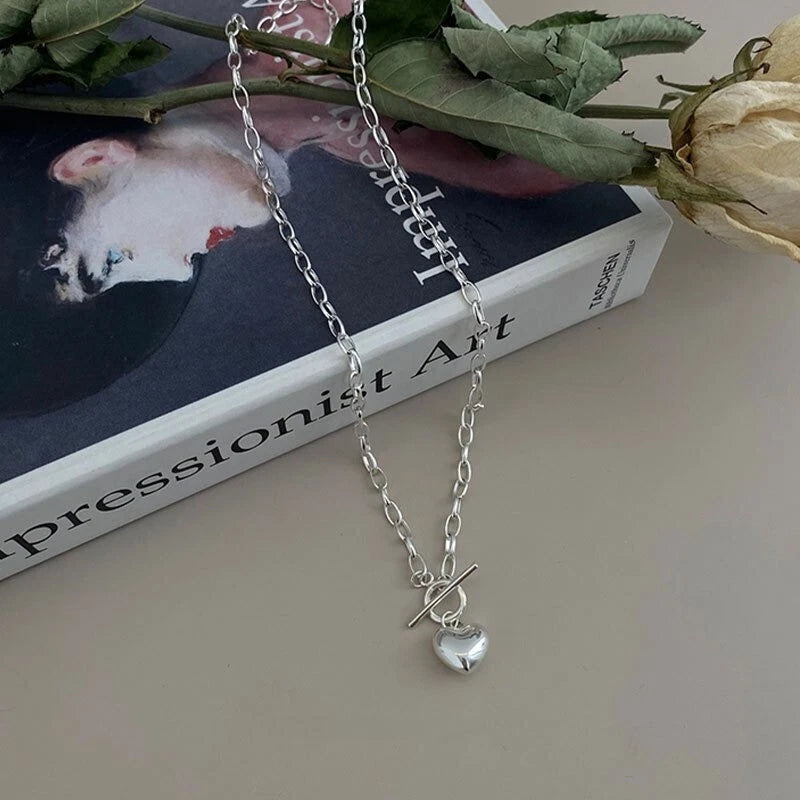 925 Sterling Silver Vintage Cable Chain Heart Pendant Trendy Stylish Necklace 07FC0E-D4 - KOEEK