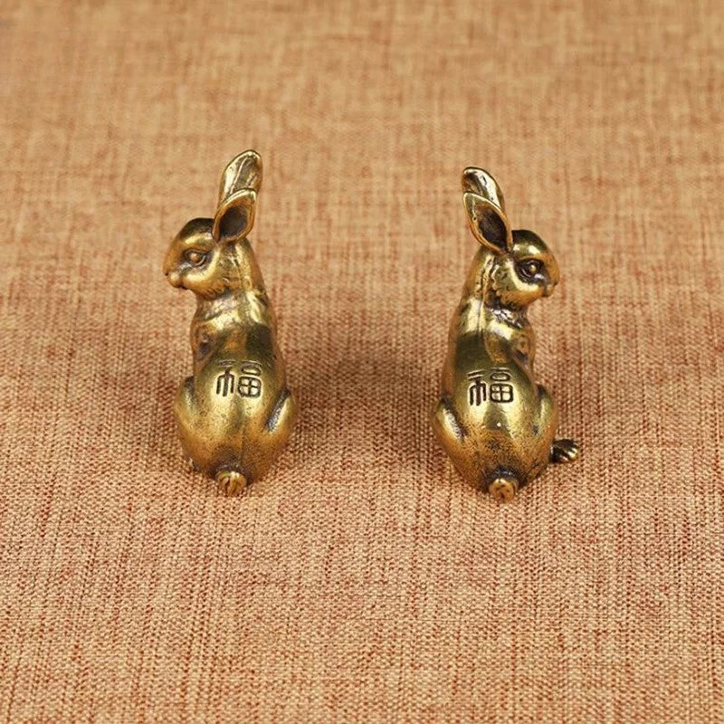 1 Pair Retro Brass Little Luck Rabbit Statue Ornament Carved Tea Pet Decoration 07FC0E-D4 - KOEEK