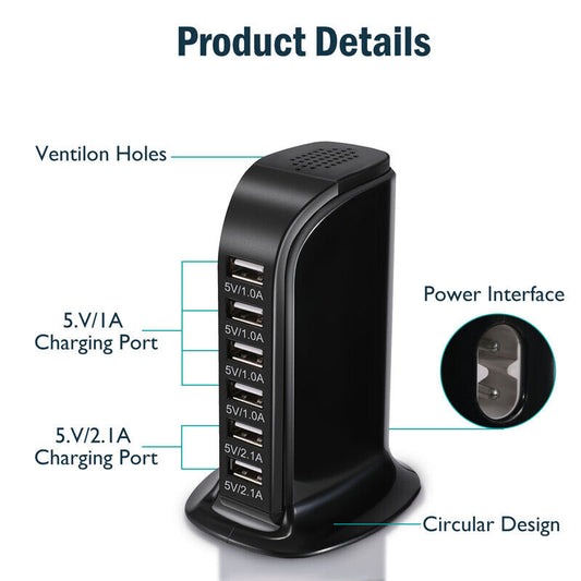 ny Multi 6 Port USB Bordlader Rapid Tower Ladestasjon Strømadapter US