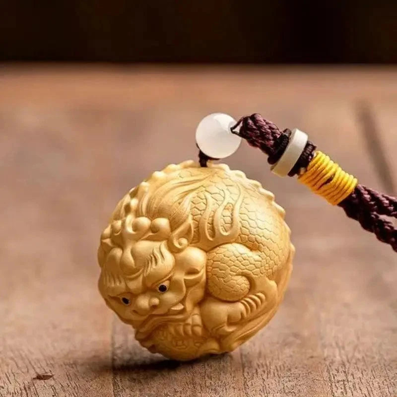 4.5cm Cypress Hand Carved Luck PI Xiu Pendant Fortune Amulet Transship Keychain 07FC0E-D4 - KOEEK