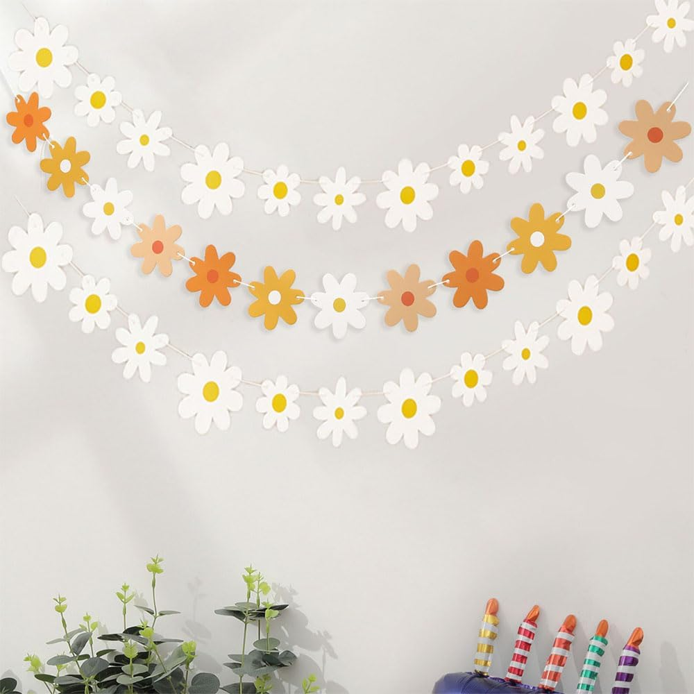 new Daisy Boho Banner Party Decorations,3 Packs Groovy Party White Daisy and Colorfu