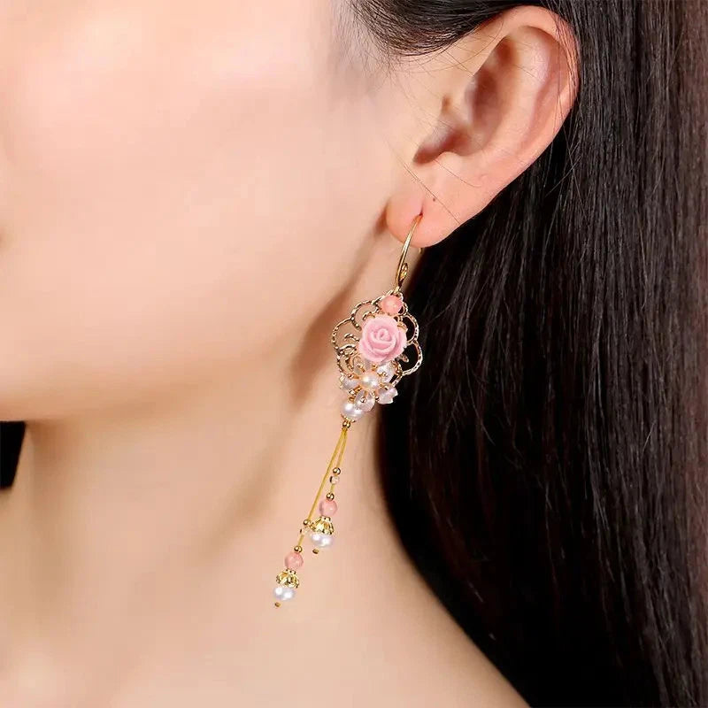 1Pair Chinese Ethnic Long Earrings Pink Flower Tassels Hanfu Accessories Jewelry 07FC0E-D4 - KOEEK