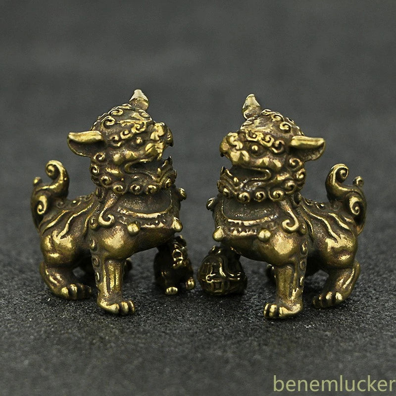 1pair Chinese Retro Copper Handcarved Auspicious Lions Statue Fengshui Ornament 07FC0E-D4 - KOEEK