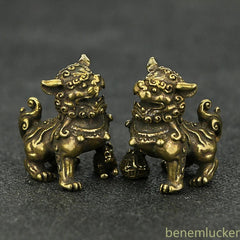 1pair Chinese Retro Copper Handcarved Auspicious Lions Statue Fengshui Ornament 07FC0E-D4 - KOEEK